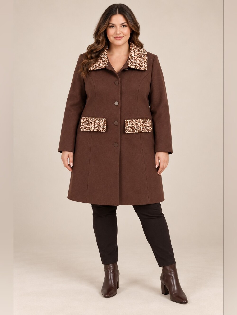 Colleen Lopez Brown Embellished Statement Coat - Size Large NWT